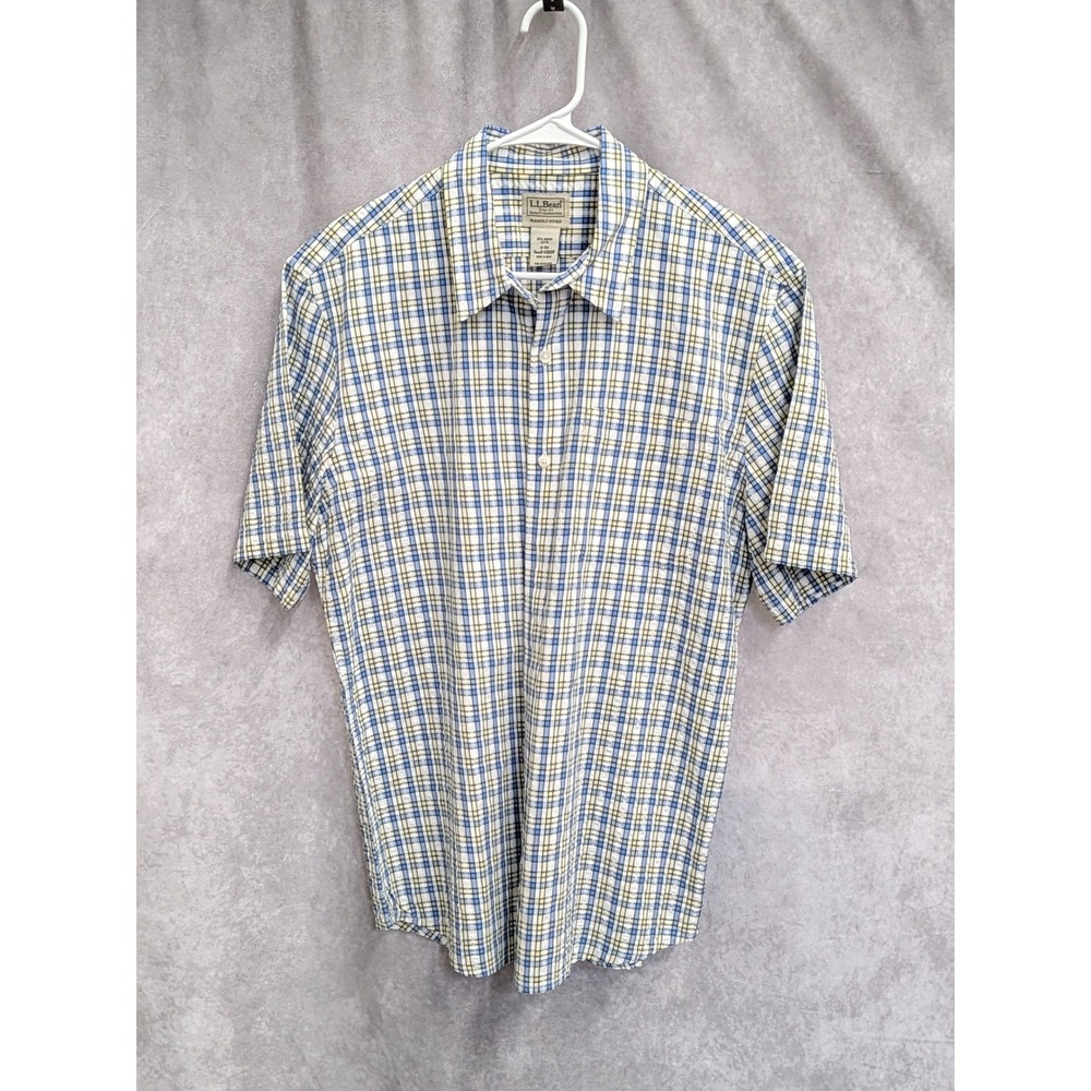 LL‎ Bean Men Organic Cotton Plaid Short Sleeve Button Shirt Blue Yellow M-C256